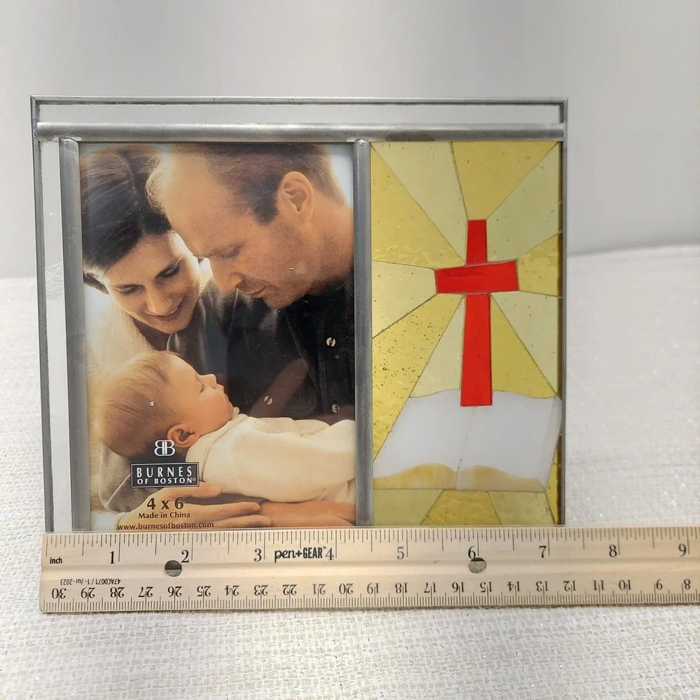 Burnes of Boston Stained Glass Cross‎ Bible Picture Frame 4x6 Religious Decor